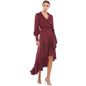 Gorgeous high quality Mac Duggal Long Sleeve Wrap Ruffled Midi: Wine Size 6